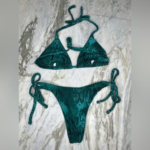 Teal Green Snakeskin Print Braided Strap Cheeky String Bikini Size Small - Picture 2 of 2